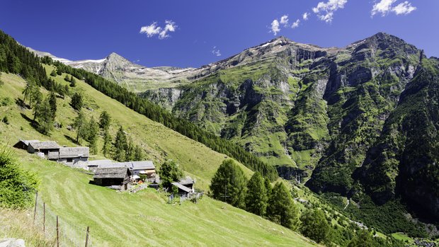 Small houses on a meadow at the top of a valley against a mountain backdrop